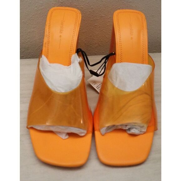 Bershka Women's Sz 9 Bright Orange Clear Detail  Square Toe Wedge Mules - Picture 7 of 12